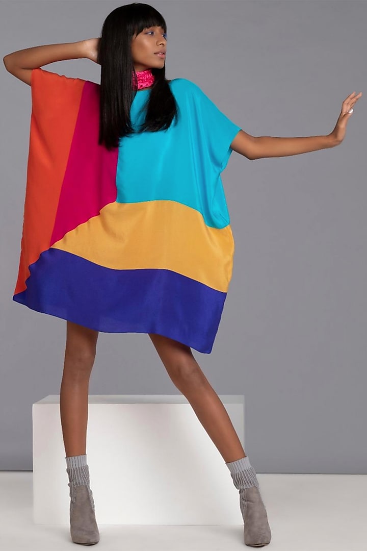 Multi-Colored Silk Crepe Oversized Kaftan Dress by Wendell Rodricks