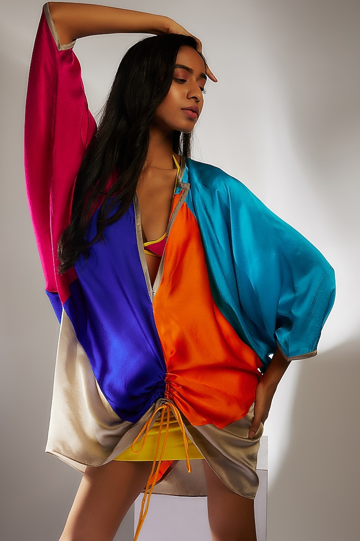 Multi-Colored Silk Satin Kimono Top With Skirt by Wendell Rodricks at Pernia's Pop Up Shop
