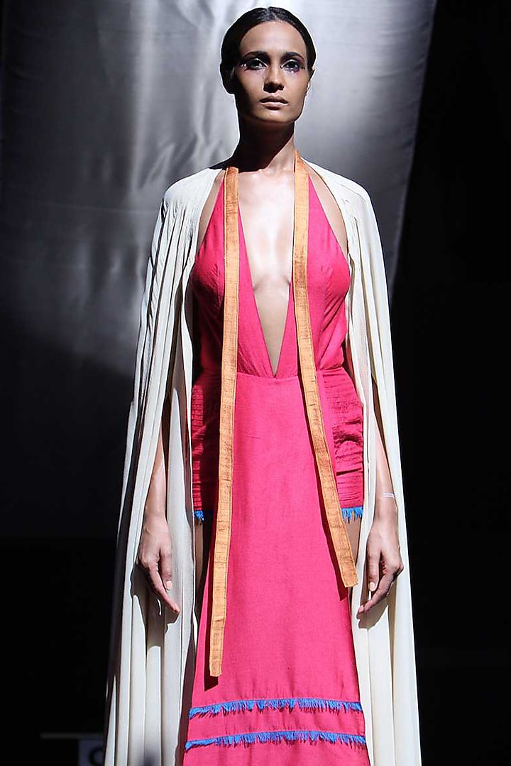 Fuchsia Raw Silk Halter Short Dress With Cape by Wendell Rodricks