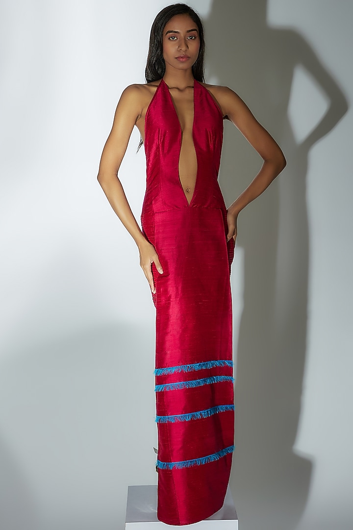 Fuchsia Raw Silk Halter Short Vacation Dress With Cape by Wendell Rodricks at Pernia's Pop Up Shop