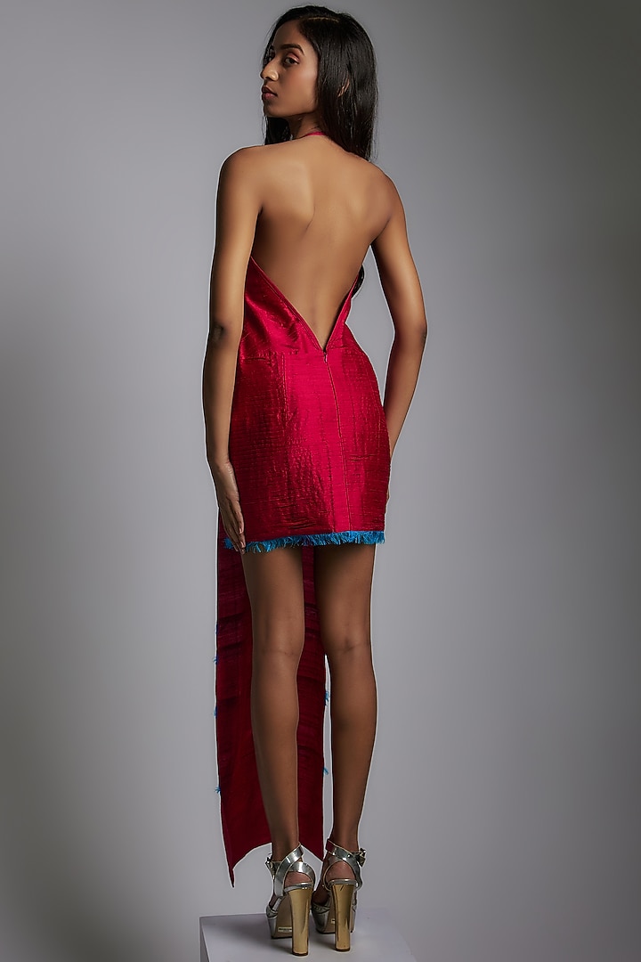 Fuchsia Raw Silk Halter Short Vacation Dress With Cape by Wendell Rodricks at Pernia's Pop Up Shop