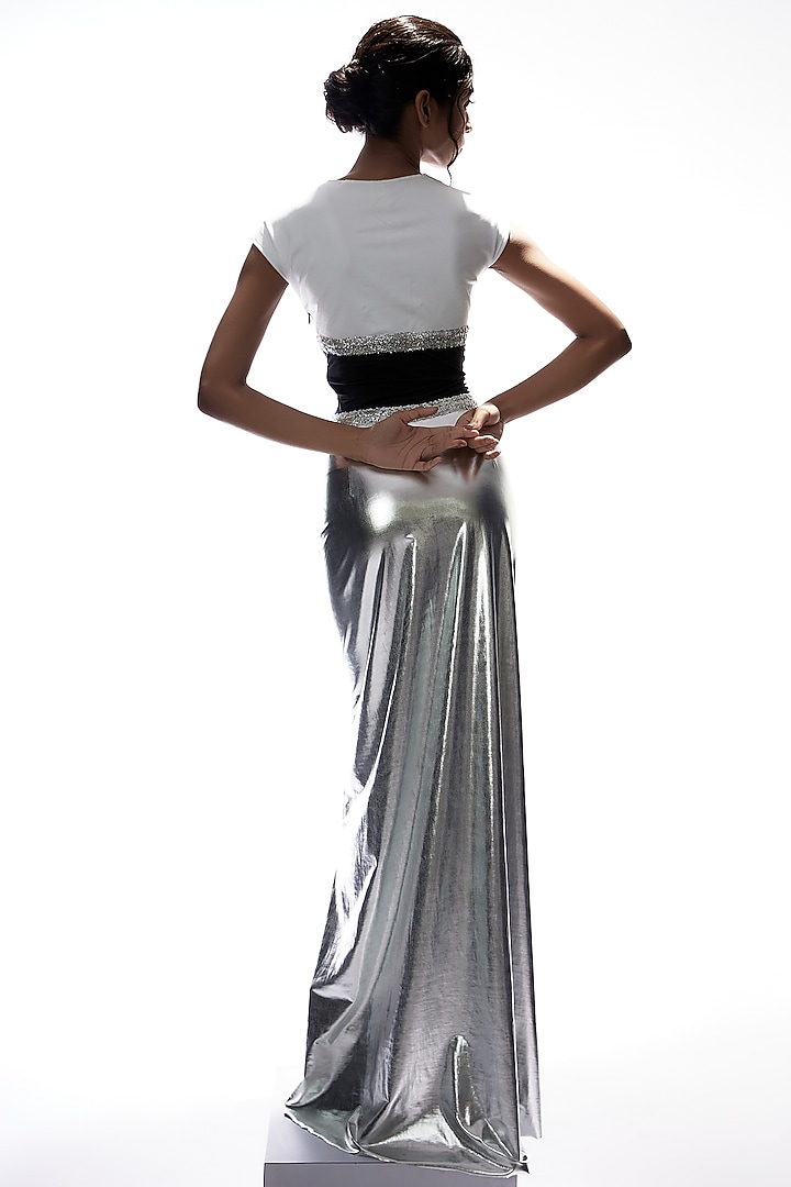 Silver With Monochrome Embroidered Gown by Wendell Rodricks at Pernia's Pop Up Shop