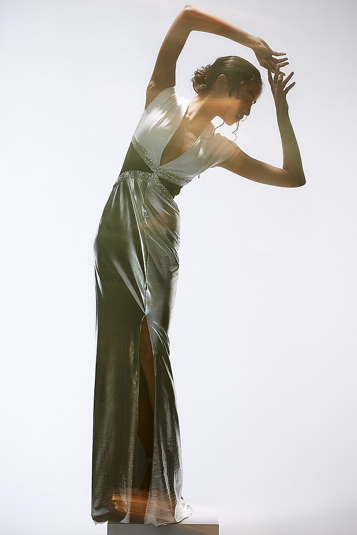Silver With Monochrome Embroidered Gown by Wendell Rodricks at Pernia's Pop Up Shop