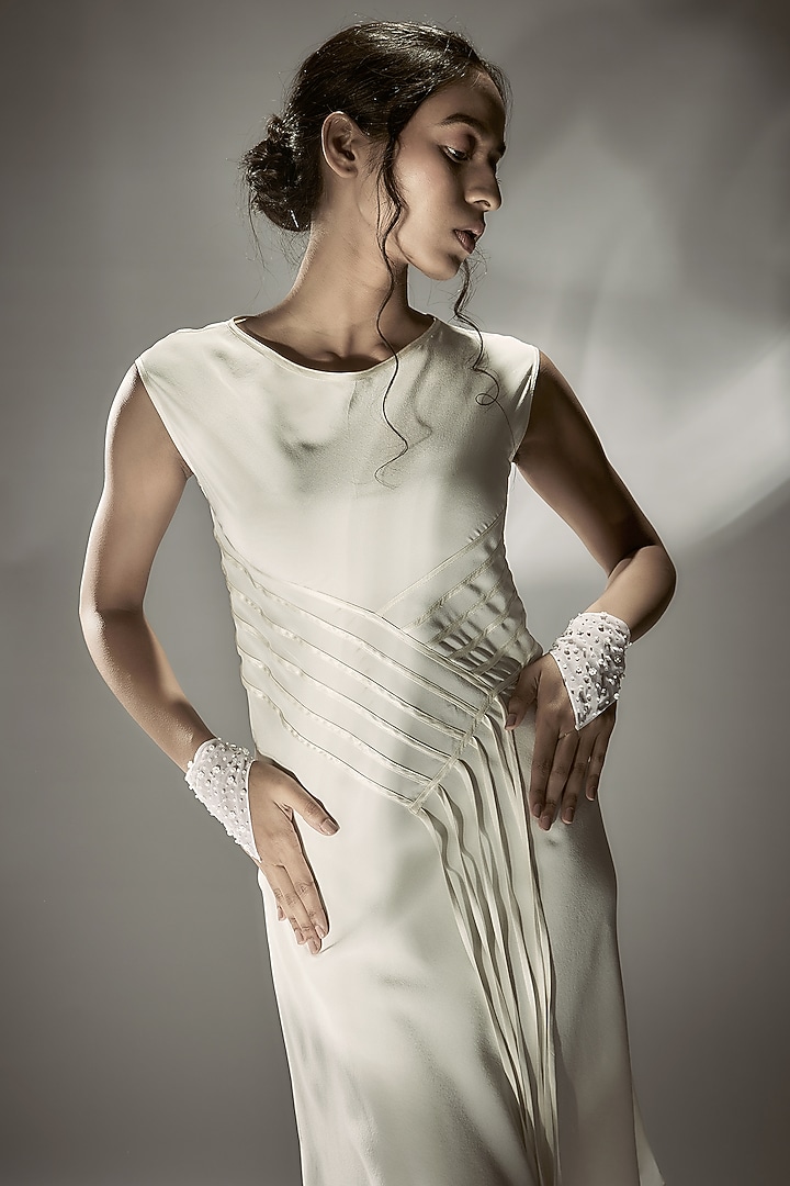 Ivory Silk Crepe Tape-Detailed Vacation Dress by Wendell Rodricks at Pernia's Pop Up Shop