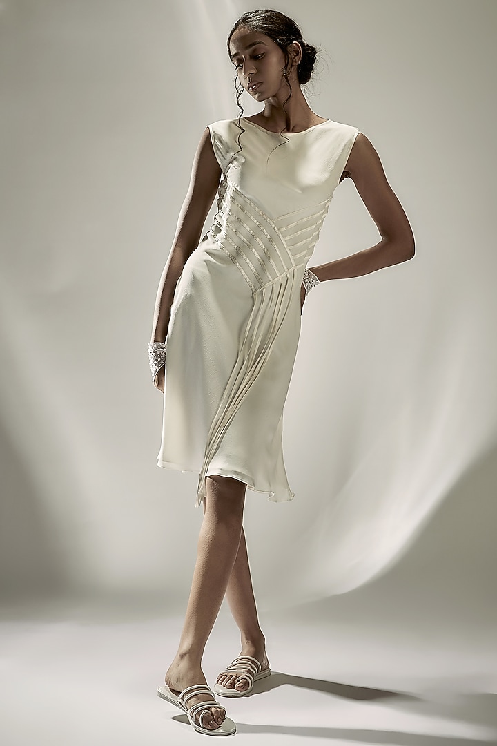 Ivory Silk Crepe Tape-Detailed Vacation Dress by Wendell Rodricks at Pernia's Pop Up Shop