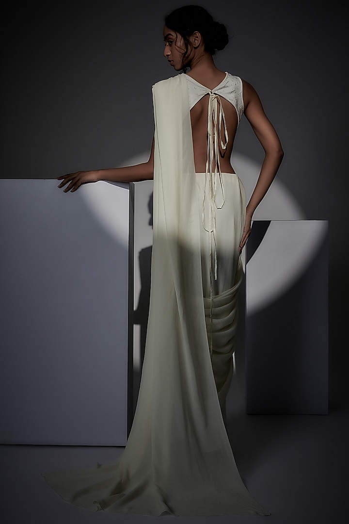 Ivory Georgette Party Wear Gown Saree by Wendell Rodricks at Pernia's Pop Up Shop