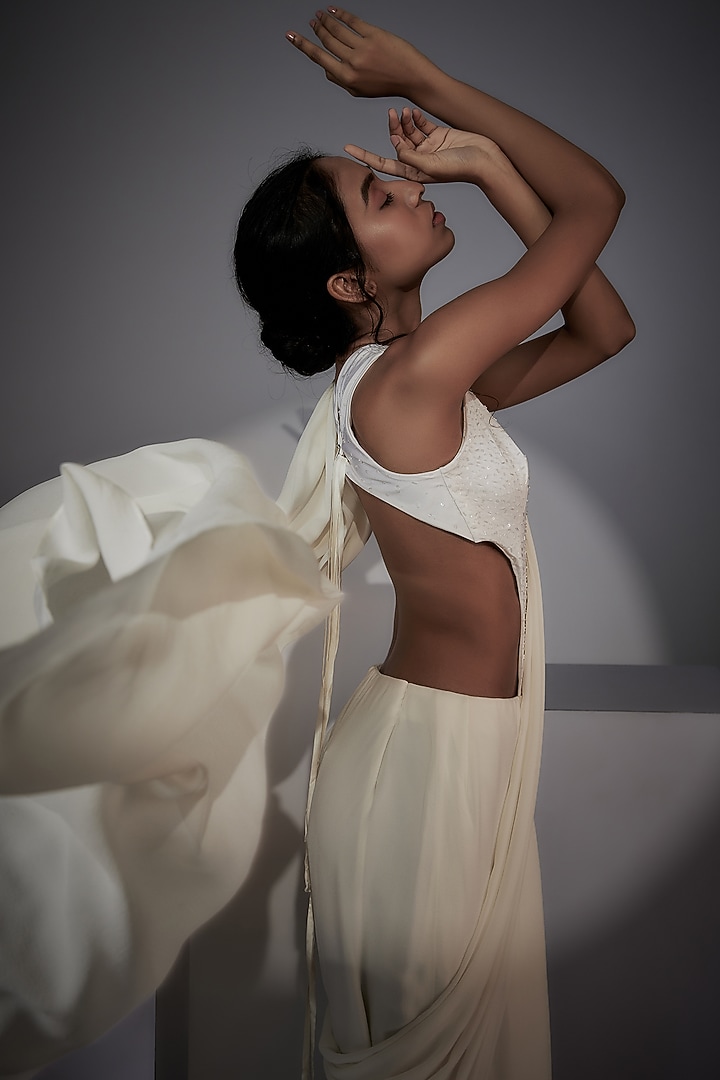 Ivory Georgette Party Wear Gown Saree by Wendell Rodricks at Pernia's Pop Up Shop