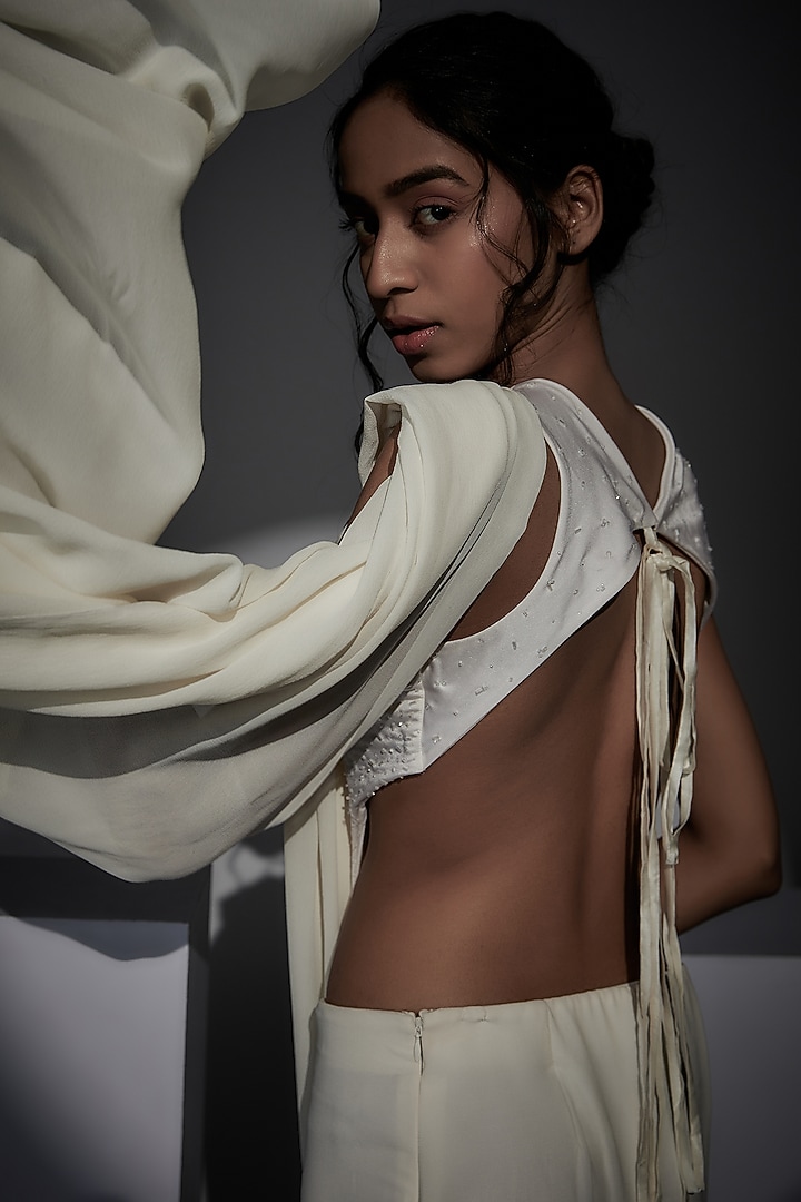 Ivory Georgette Party Wear Gown Saree by Wendell Rodricks at Pernia's Pop Up Shop