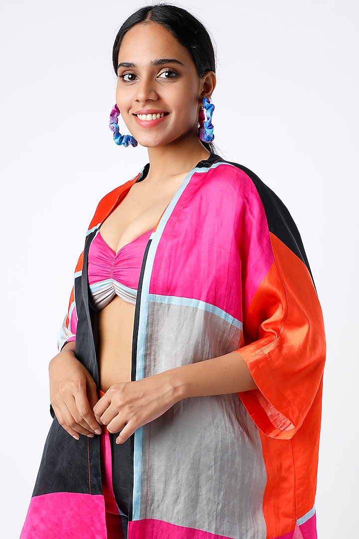 Fuchsia & Black Colour Blocked Cover Up by Wendell Rodricks at Pernia's Pop Up Shop