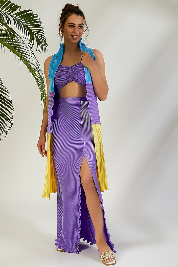 Violet Crinkle Skirt Set With Color-Block Shrug by Wendell Rodricks
