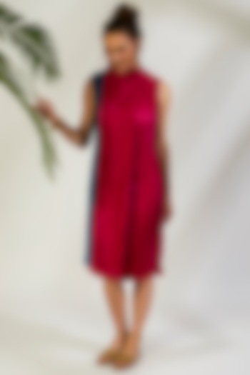 Hot Pink & Lake Blue Polyester Satin Paneled Summer Dress by Wendell Rodricks at Pernia's Pop Up Shop