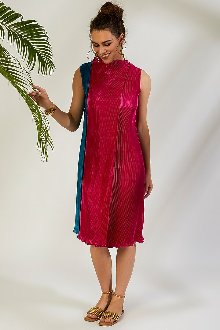 Hot Pink & Lake Blue Polyester Satin Paneled Summer Dress by Wendell Rodricks at Pernia's Pop Up Shop