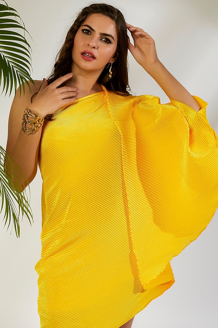 Yellow-Ombre Polyester Satin One-Shoulder Mini Summer Dress by Wendell Rodricks at Pernia's Pop Up Shop