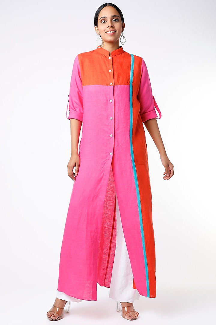 Fuchsia Color Blocked Shirt Dress by Wendell Rodricks
