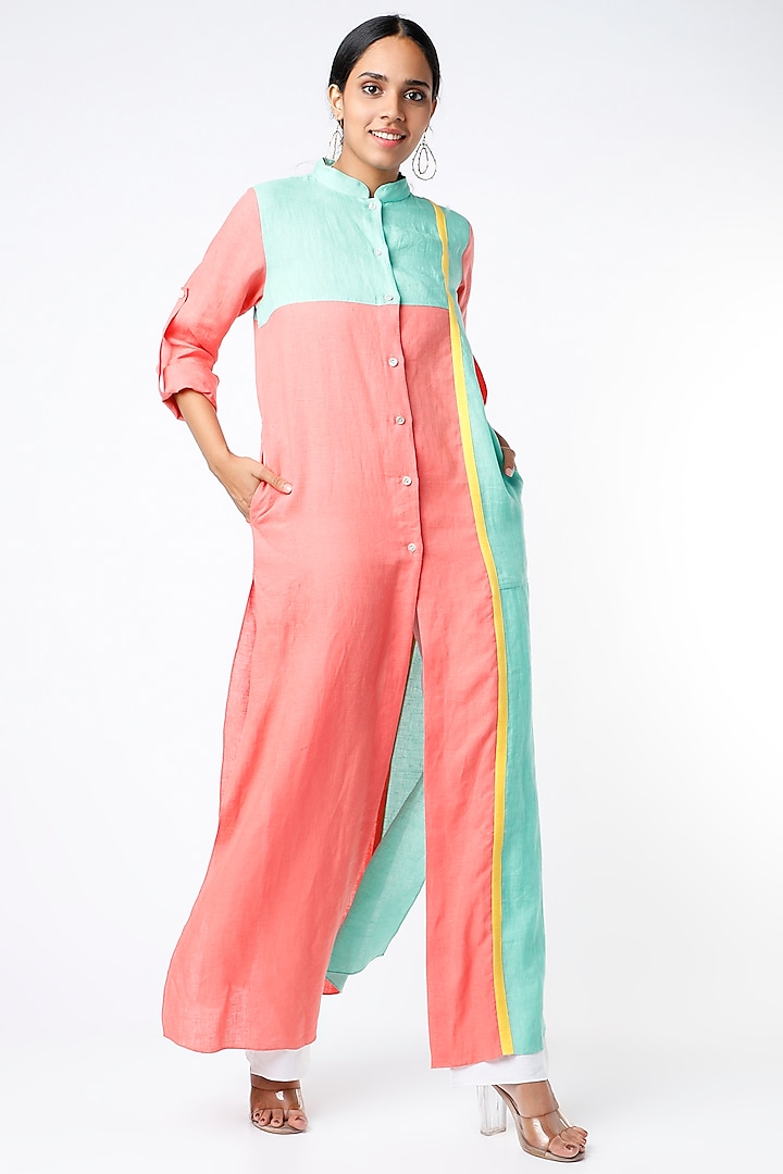 Peach Color Blocked Shirt Dress by Wendell Rodricks