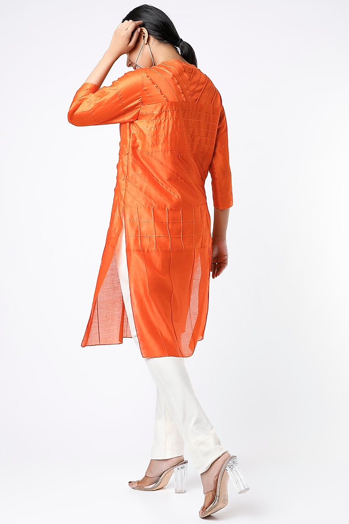 Orange All Over Pintuck Kurta by Wendell Rodricks at Pernia's Pop Up Shop