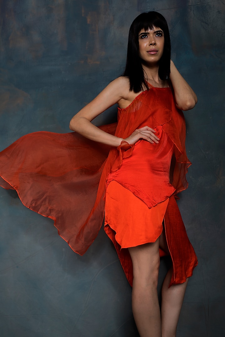 Orange Organza Layered Top With Wrap Skirt by Wendell Rodricks at Pernia's Pop Up Shop