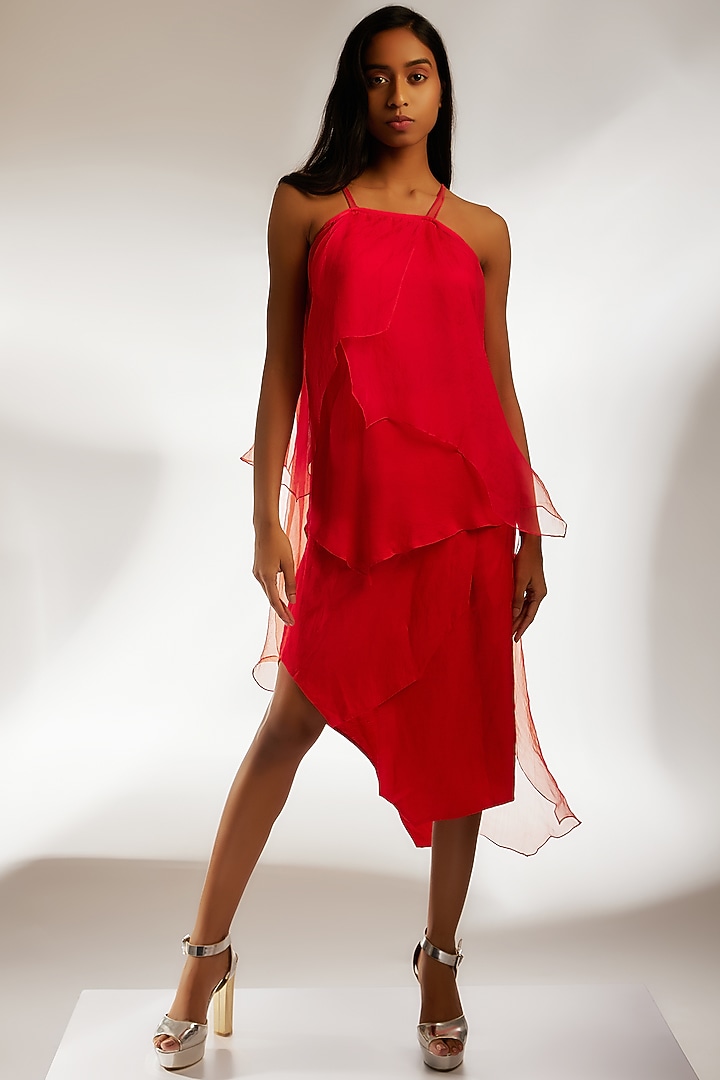 Orange Organza Layered Top With Wrap Skirt by Wendell Rodricks at Pernia's Pop Up Shop