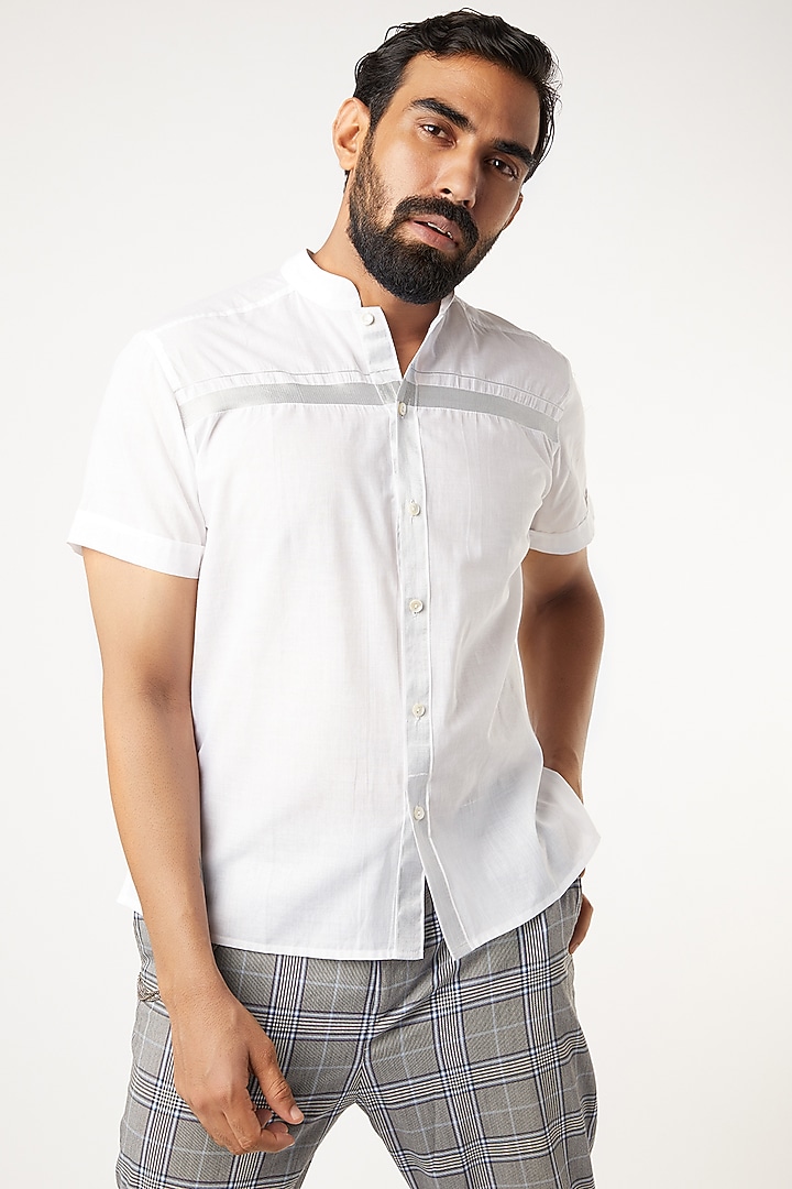 Mundu Cotton White Party Wear Shirt With Silver Stripes by Wendell Rodricks Men at Pernia's Pop Up Shop