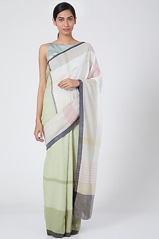 Olive Pastel Handloom Cotton Kunbi Saree by Wendell Rodricks