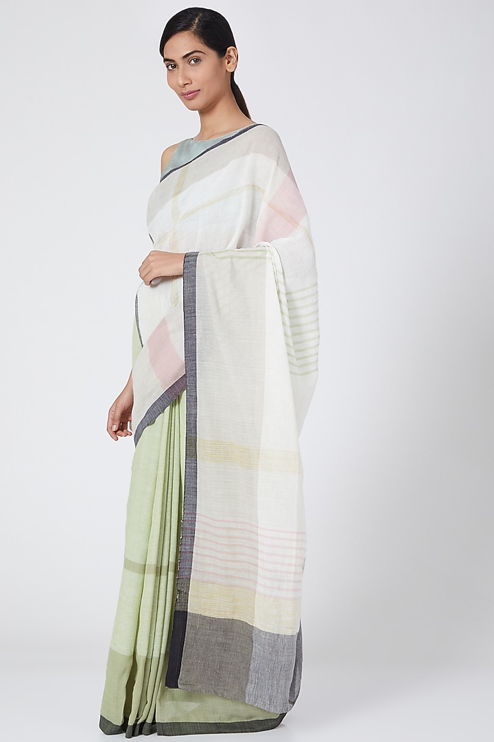 Olive Pastel Handloom Cotton Kunbi Festive Saree by Wendell Rodricks at Pernia's Pop Up Shop