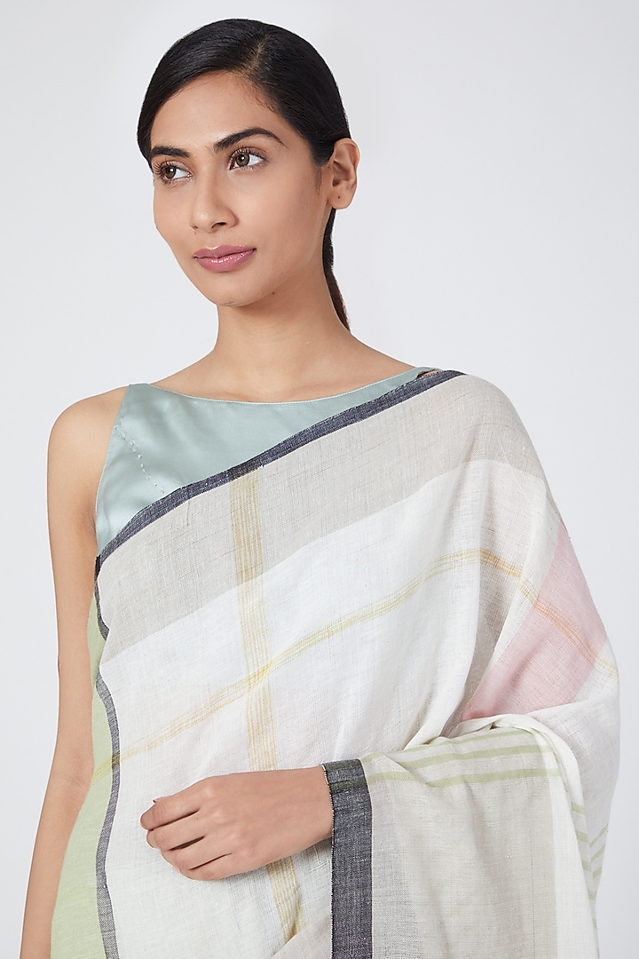 Olive Pastel Handloom Cotton Kunbi Festive Saree by Wendell Rodricks at Pernia's Pop Up Shop