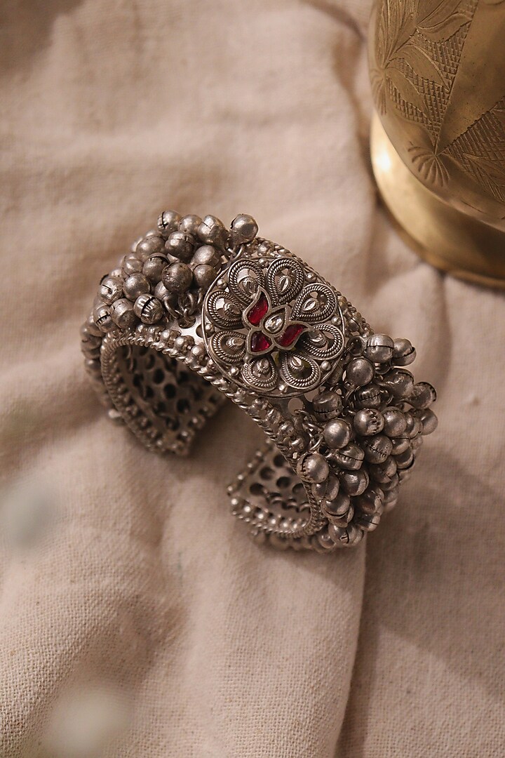Two-Tone Finish Pink Floral Stone Cuff by Curio Cottage at Pernia's Pop Up Shop