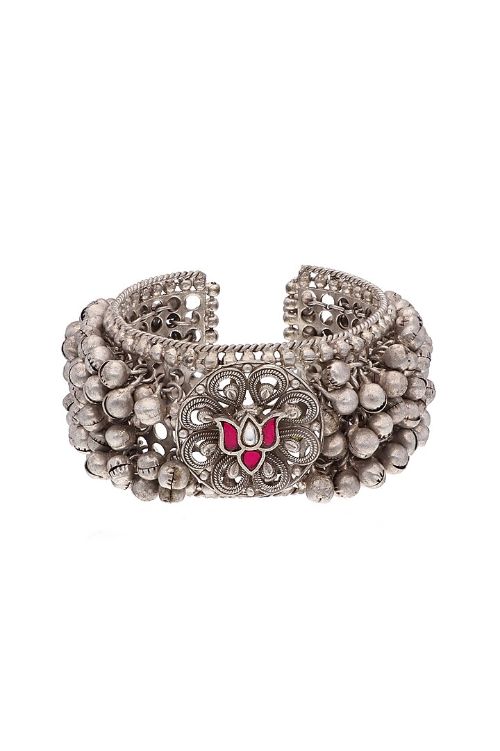 Two-Tone Finish Pink Floral Stone Cuff by Curio Cottage at Pernia's Pop Up Shop