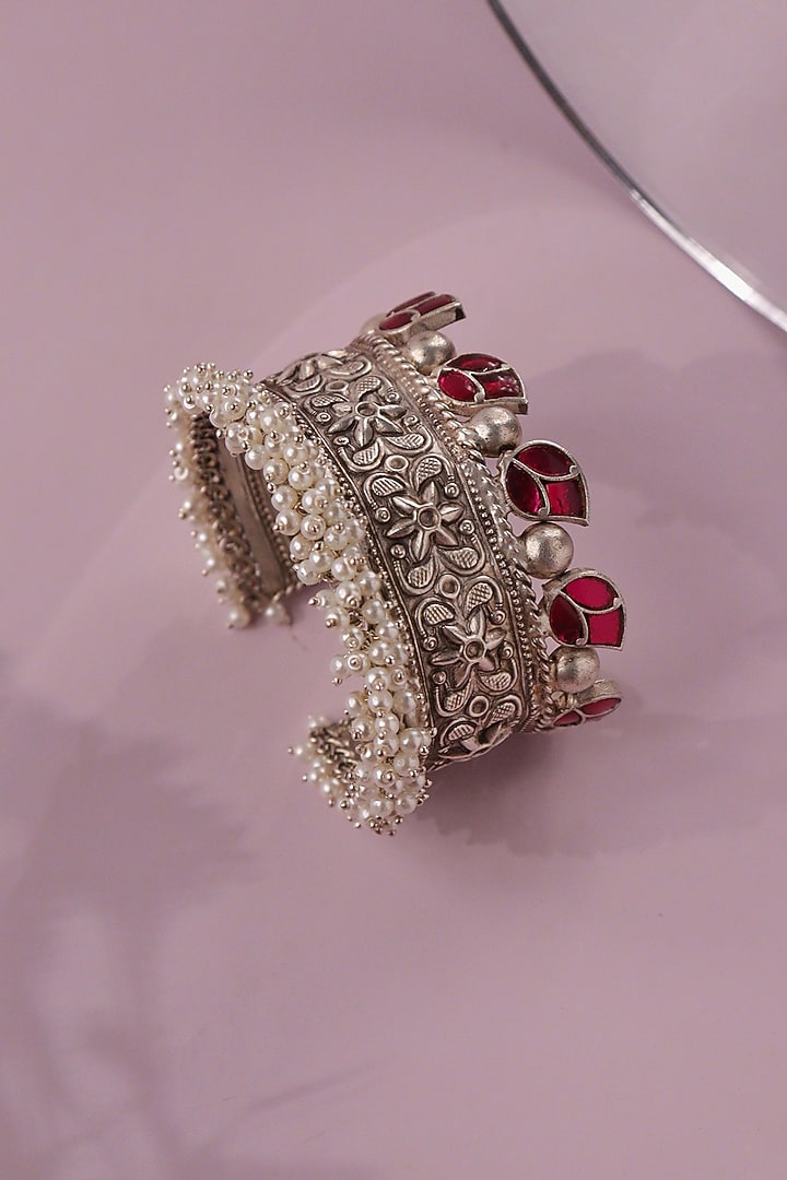Two-Tone Finish Pink Floral Stone & Pearl Cuff by Curio Cottage at Pernia's Pop Up Shop