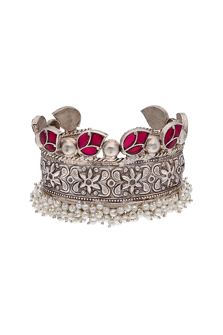 Two-Tone Finish Pink Floral Stone & Pearl Cuff by Curio Cottage at Pernia's Pop Up Shop