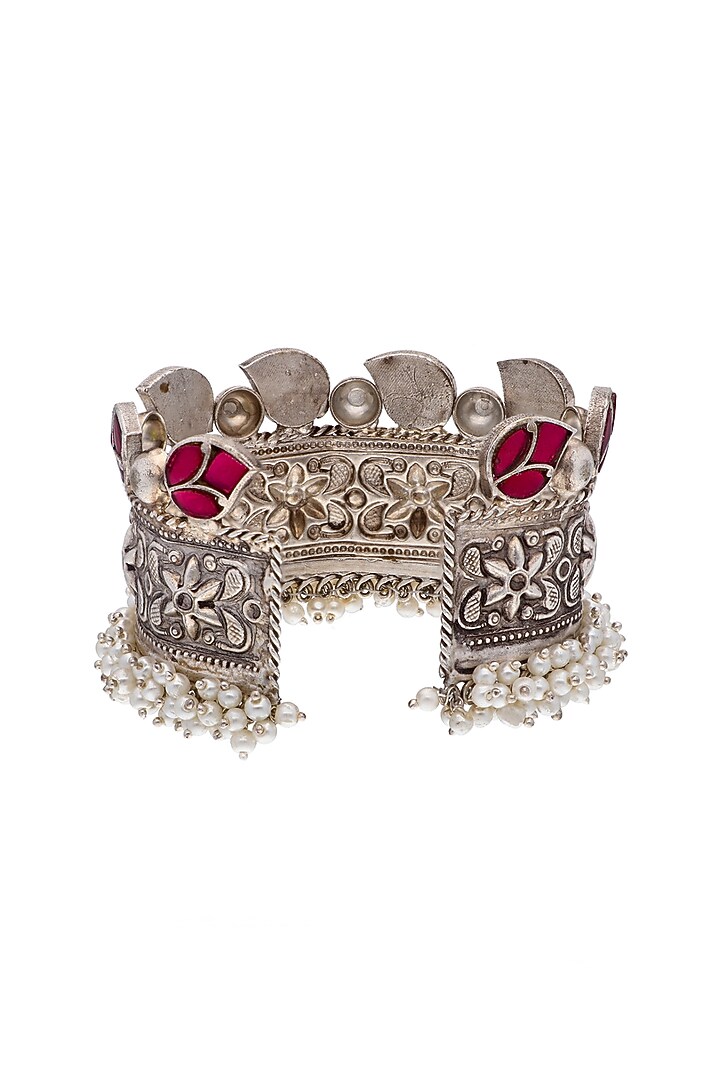 Two-Tone Finish Pink Floral Stone & Pearl Cuff by Curio Cottage at Pernia's Pop Up Shop