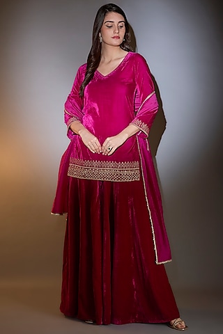 Pink Viscose Velvet Golden Embroidered Short Kurta Set by The House of Ta-Ya