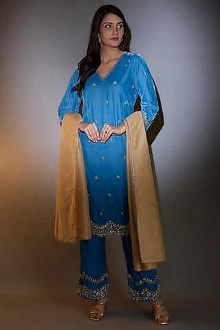 Blue Viscose Velvet Cutdana Embroidered Kurta Set by The House of Ta-Ya