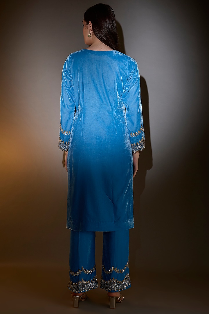 Blue Viscose Velvet Cutdana Embroidered Kurta Set by The House of Ta-Ya at Pernia's Pop Up Shop