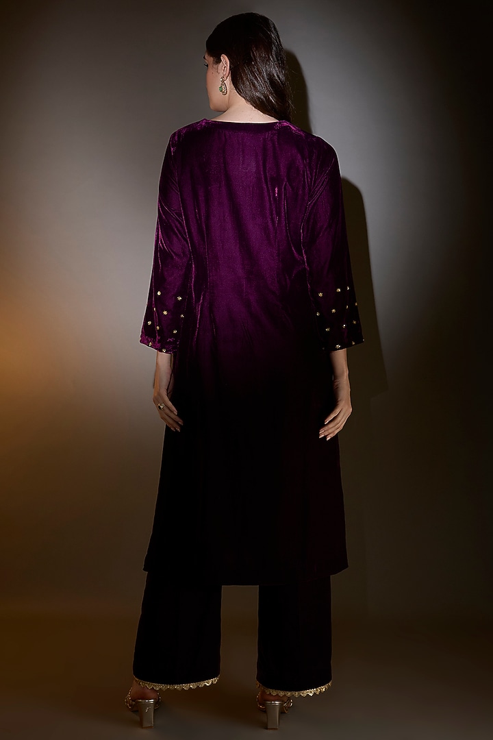 Wine Viscose Velvet Zari Embroidered Straight Kurta Set by The House of Ta-Ya at Pernia's Pop Up Shop