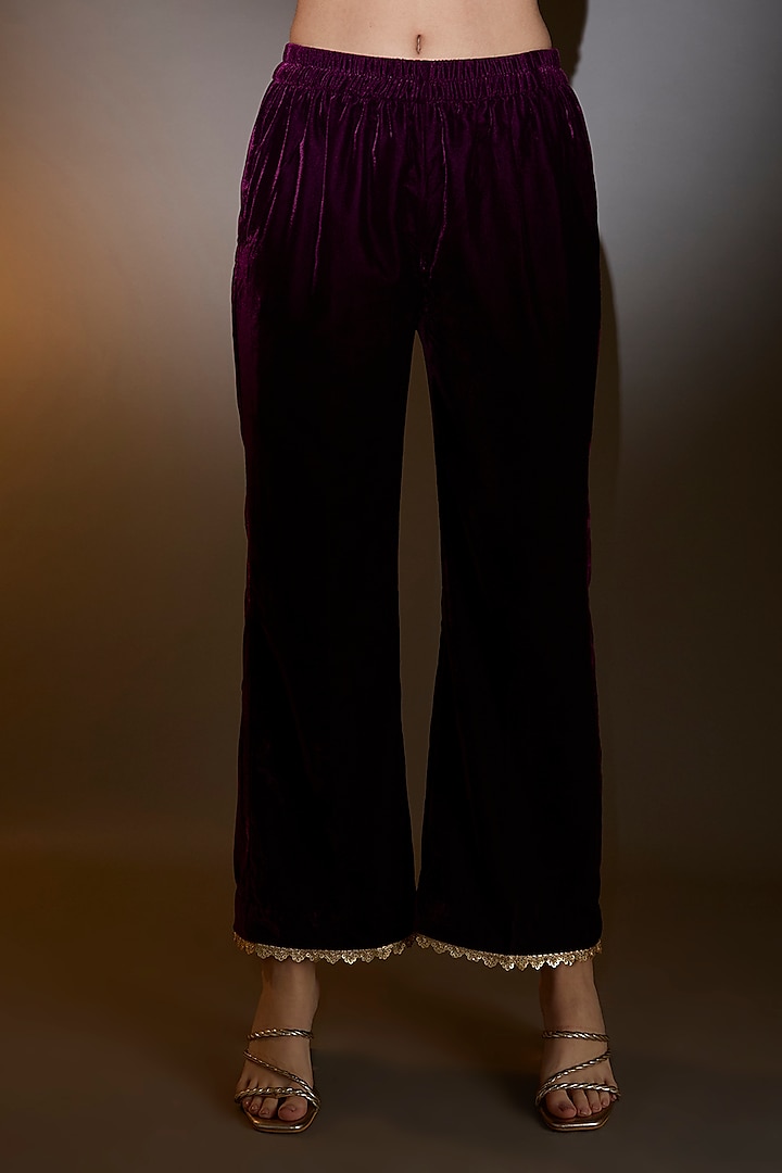 Wine Viscose Velvet Zari Embroidered Straight Kurta Set by The House of Ta-Ya at Pernia's Pop Up Shop