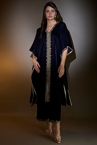 Blue Viscose Velvet Zari Embroidered Kaftan Set by The House of Ta-Ya
