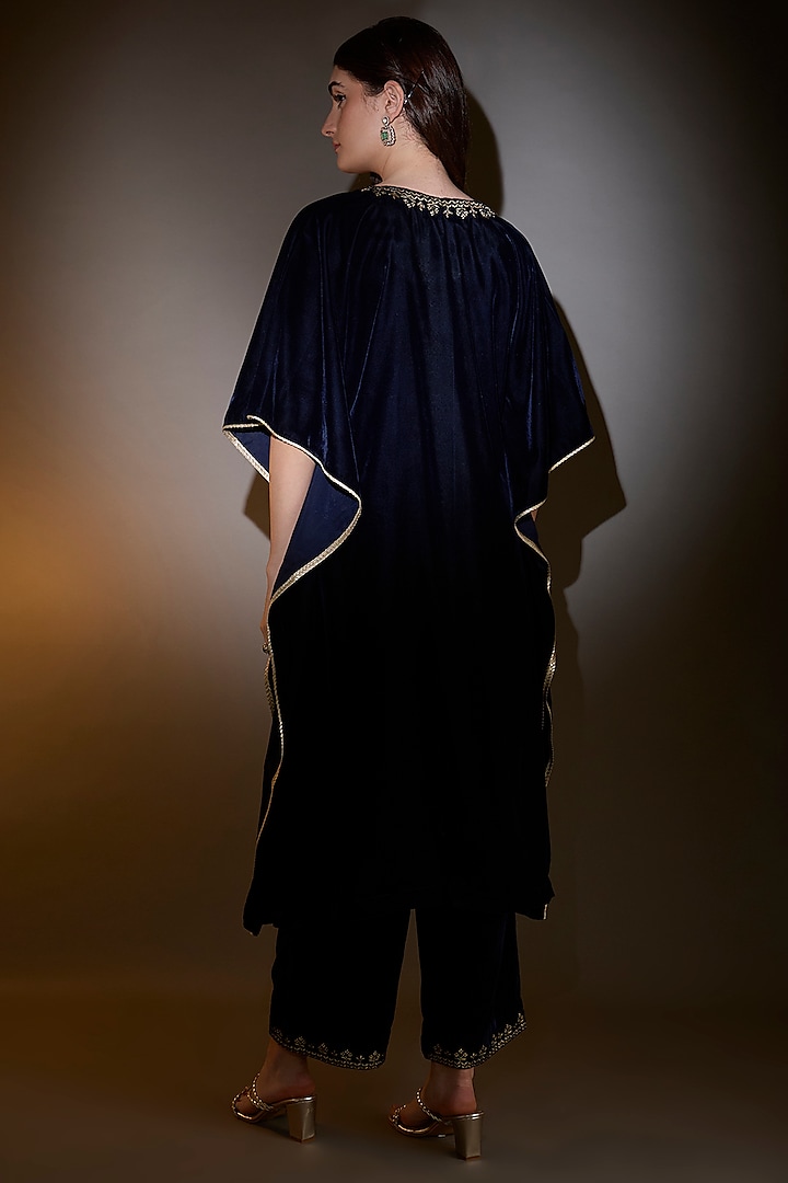 Blue Viscose Velvet Zari Embroidered Kaftan Set by The House of Ta-Ya at Pernia's Pop Up Shop