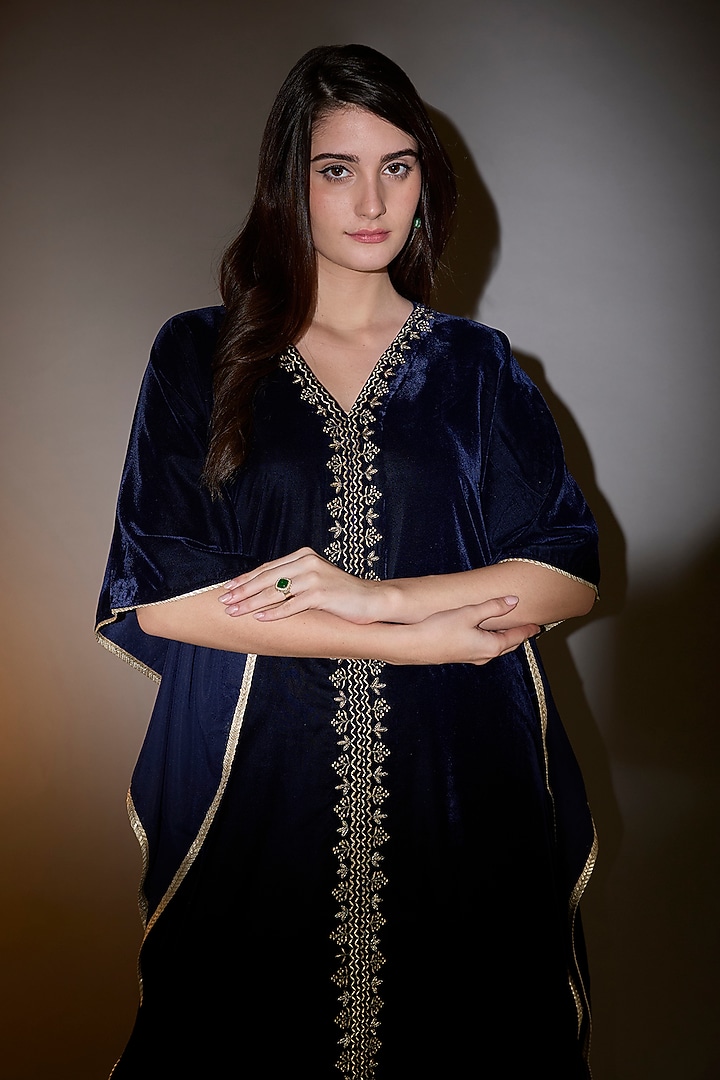 Blue Viscose Velvet Zari Embroidered Kaftan Set by The House of Ta-Ya at Pernia's Pop Up Shop