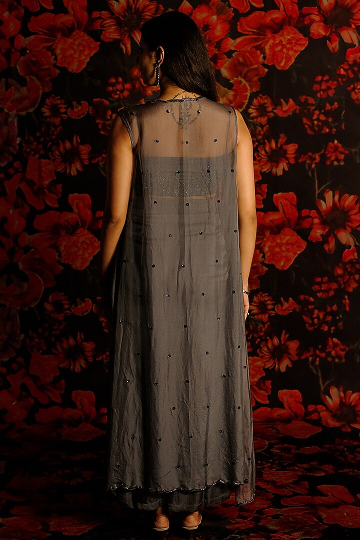 Dark Grey Viscose Silk Scalloped Hand Embroidered Cape Set by The House of Ta-Ya at Pernia's Pop Up Shop