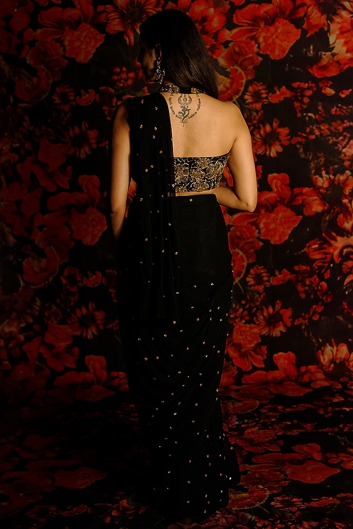 Black Georgette Sequins Embroidered Wedding Saree Set by The House of Ta-Ya at Pernia's Pop Up Shop