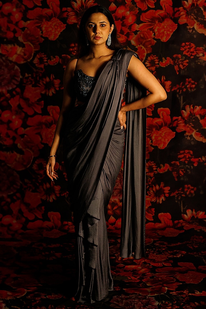 Dark Grey Satin Pre-Tied Draped Saree Set by The House of Ta-Ya at Pernia's Pop Up Shop