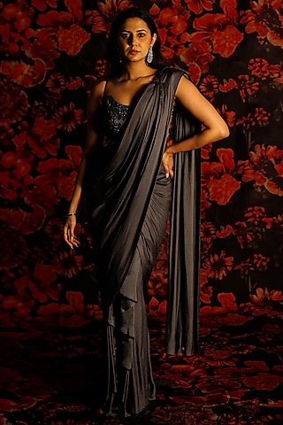 Dark Grey Satin Pre-Tied Draped Saree Set by The House of Ta-Ya