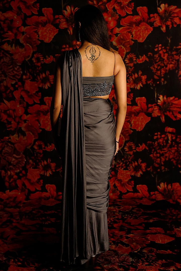 Dark Grey Satin Pre-Tied Draped Wedding Saree Set by The House of Ta-Ya at Pernia's Pop Up Shop