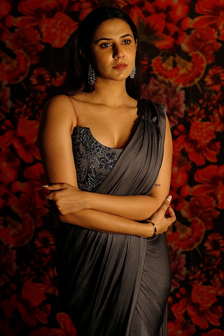 Dark Grey Satin Pre-Tied Draped Wedding Saree Set by The House of Ta-Ya at Pernia's Pop Up Shop