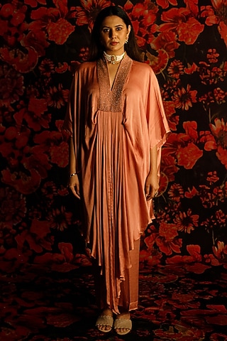 Rose Champagne Modal Satin Textured Embroidered Kaftan Set by The House of Ta-Ya