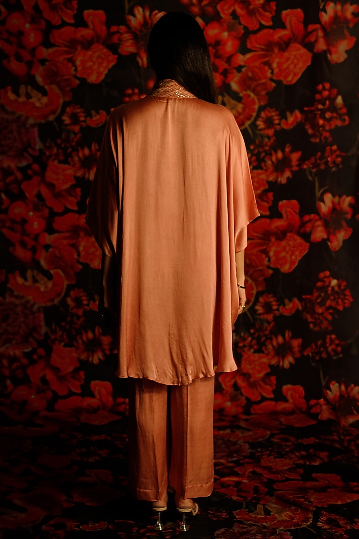 Rose Champagne Modal Satin Textured Embroidered Kaftan Set by The House of Ta-Ya at Pernia's Pop Up Shop