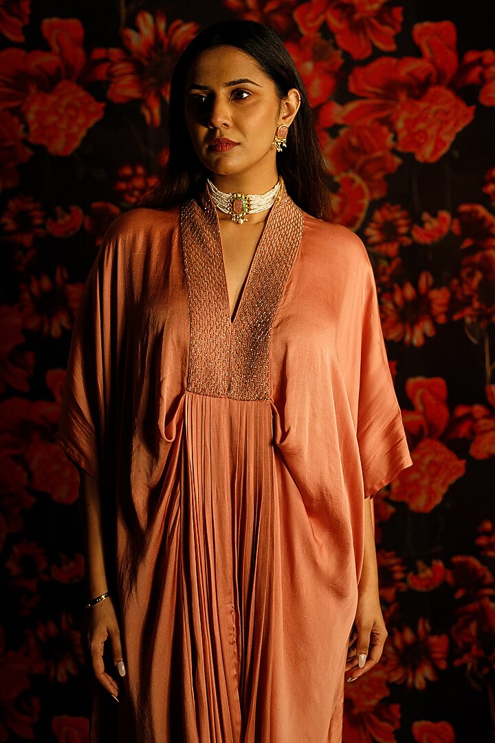 Rose Champagne Modal Satin Textured Embroidered Kaftan Set by The House of Ta-Ya at Pernia's Pop Up Shop