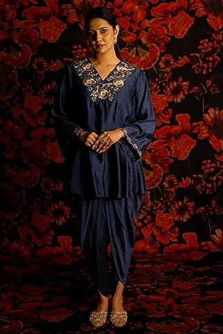 Blue Chanderi Zari Embroidered Dhoti Set by The House of Ta-Ya