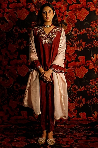 Maroon Chanderi Zari Embroidered Dhoti Set by The House of Ta-Ya